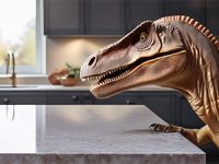 Dinosaur appreciating natural stone countertops