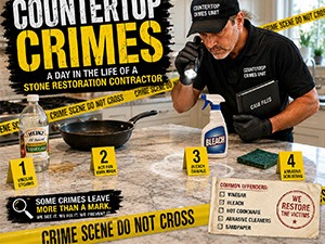 Informational infographic about countertop crimes showing a contractor at a workbench with crime-scene tape and four labeled offenses.